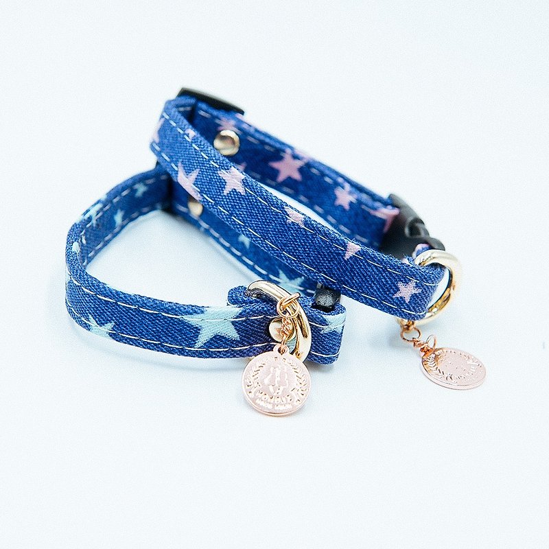 【Momoji】 寵物項圈 - Starry Night - 貓狗頸圈/牽繩 - 棉．麻 藍色