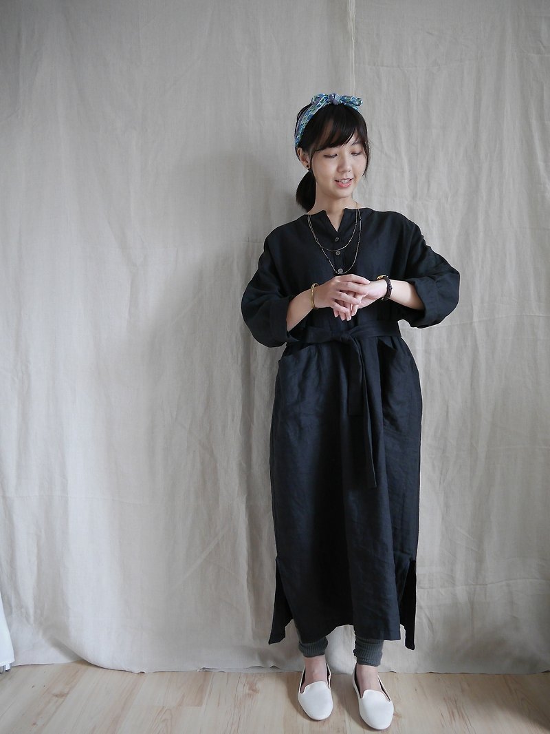 Black linen Henry collar three shell buckle long version shirt dress sample sale spot - One Piece Dresses - Linen Black