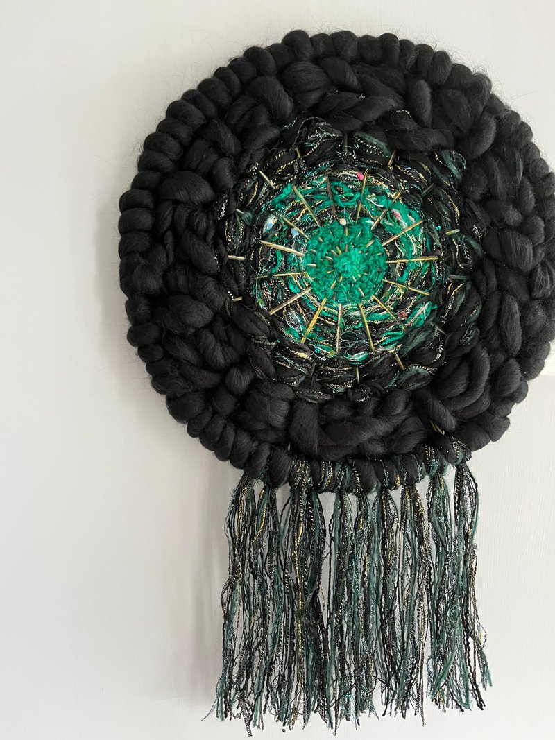 Handwoven Woolen Wall Hanging Decoration - Dark Green Black - Items for Display - Polyester Black