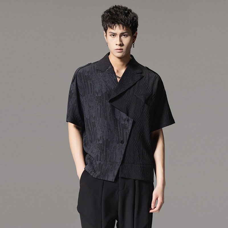 Summer suit collar short sleeve shirt cut soul series splicing casual men's jack - Men's Shirts - Polyester Black