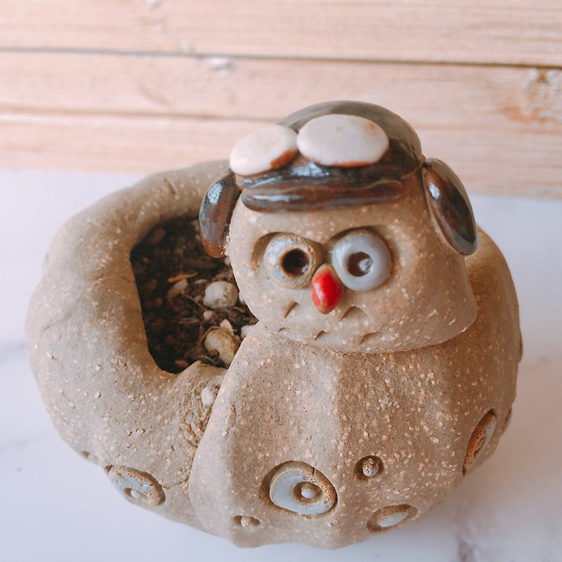 Yoshino Eagle -006│ [pilot Eagle] owl hand-made pottery succulent plant healing cute pilot - ตกแต่งต้นไม้ - ดินเผา 