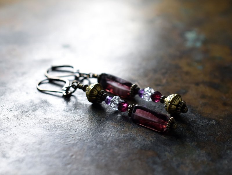 Purple antique bohemia beads and ansymmetrical earrings with garnet, amethyst, quartz and lotus brass. - Earrings & Clip-ons - Glass Purple