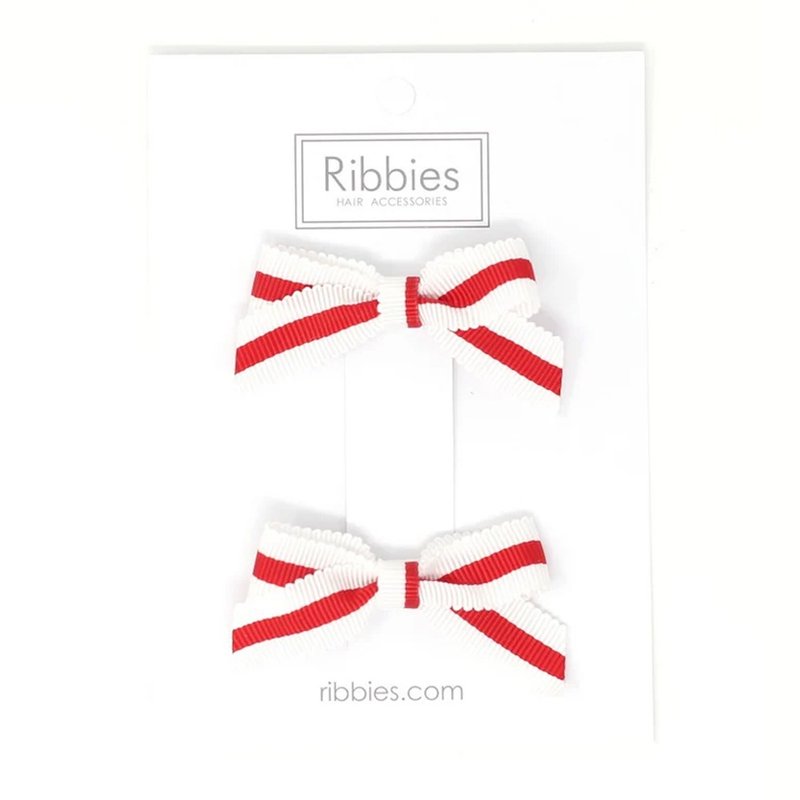 英國Ribbies經典蝴蝶結2入組-紅白條紋 - 髮圈/髮夾 - 聚酯纖維 
