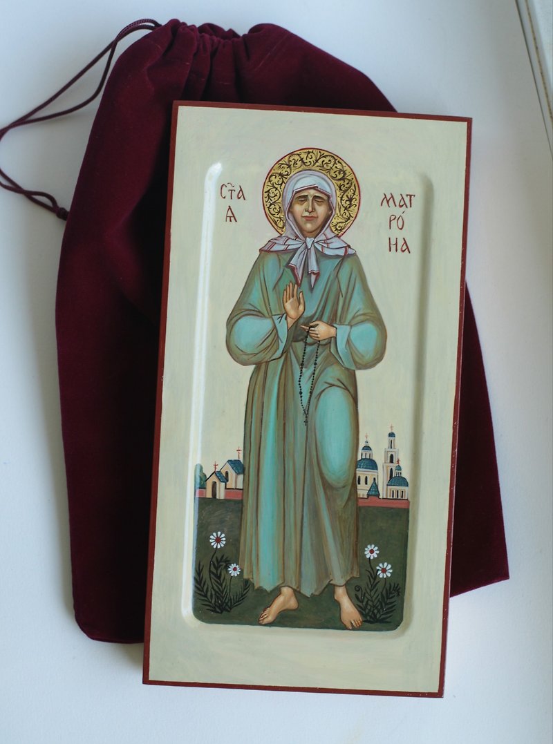 hand painted orthodox wood icon Saint Holy Matrona Moscow Religious pocket size - Other - Wood Khaki