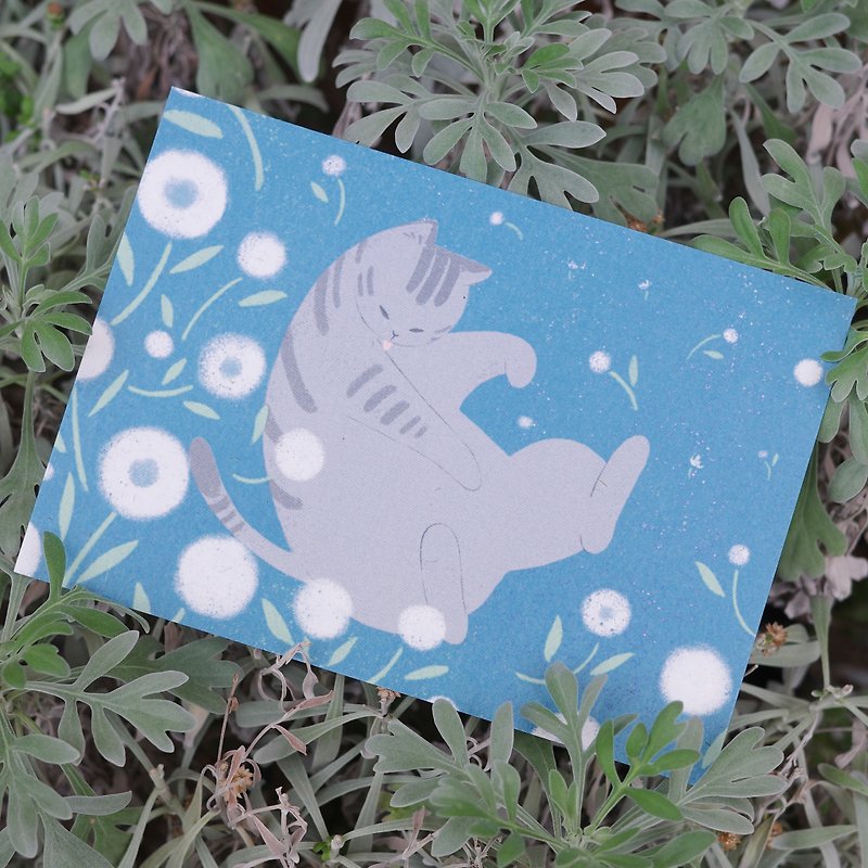 Postcard with flowers, grass and cat - dandelion - การ์ด/โปสการ์ด - กระดาษ สีน้ำเงิน