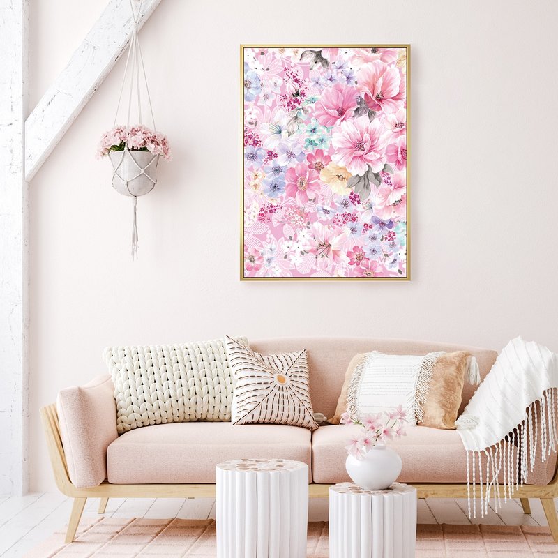 Fragrant Flowers II - Pink Flower Butterfly Illustration - โปสเตอร์ - ผ้าฝ้าย/ผ้าลินิน สึชมพู