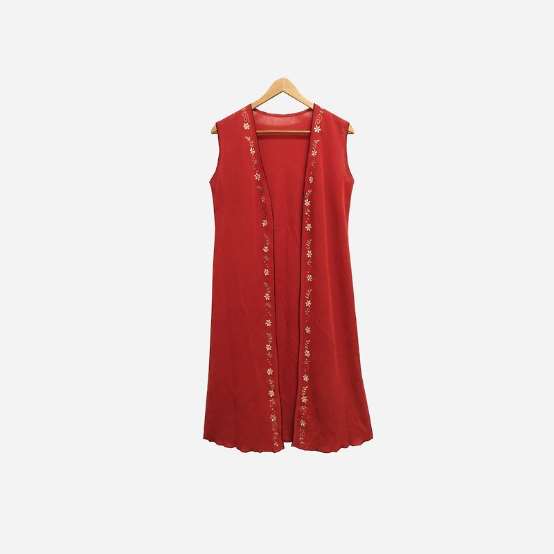 Dislocated vintage / knitted embroidery long vest no.141B1 vintage - เสื้อกั๊กผู้หญิง - ผ้าฝ้าย/ผ้าลินิน สีแดง