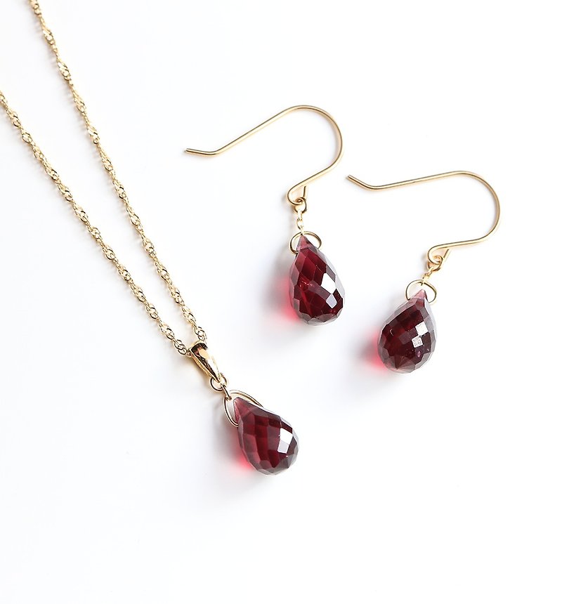 Jewelry 2-piece set (K10 / K18 rhodolite garnet) hook earrings / necklace charm - สร้อยคอ - เครื่องเพชรพลอย 