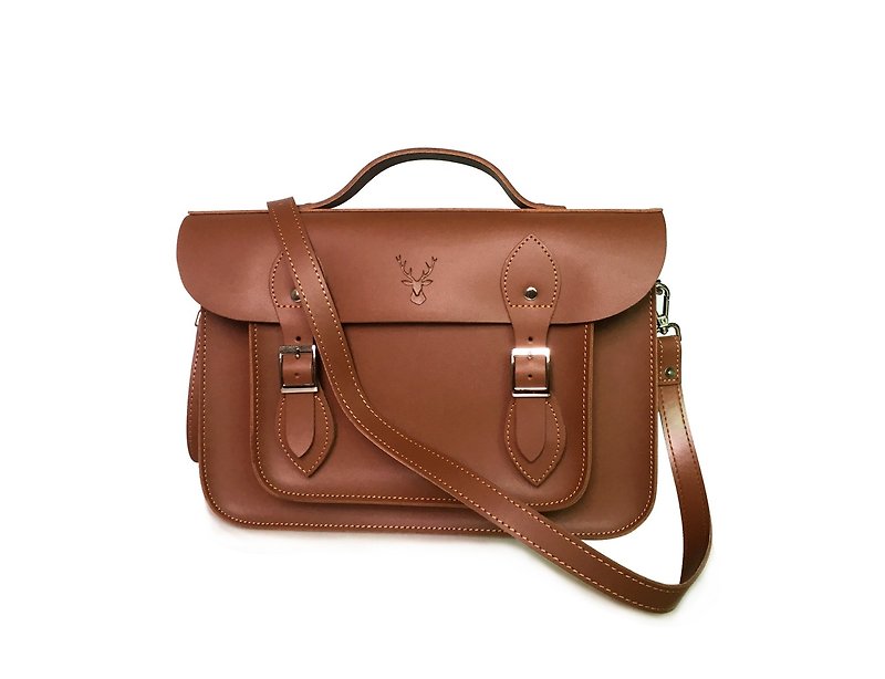 13-inch classic Cambridge bag, brown messenger bag, leather school bag, custom logo, can be put into A4 paper - กระเป๋าแมสเซนเจอร์ - หนังแท้ สีนำ้ตาล