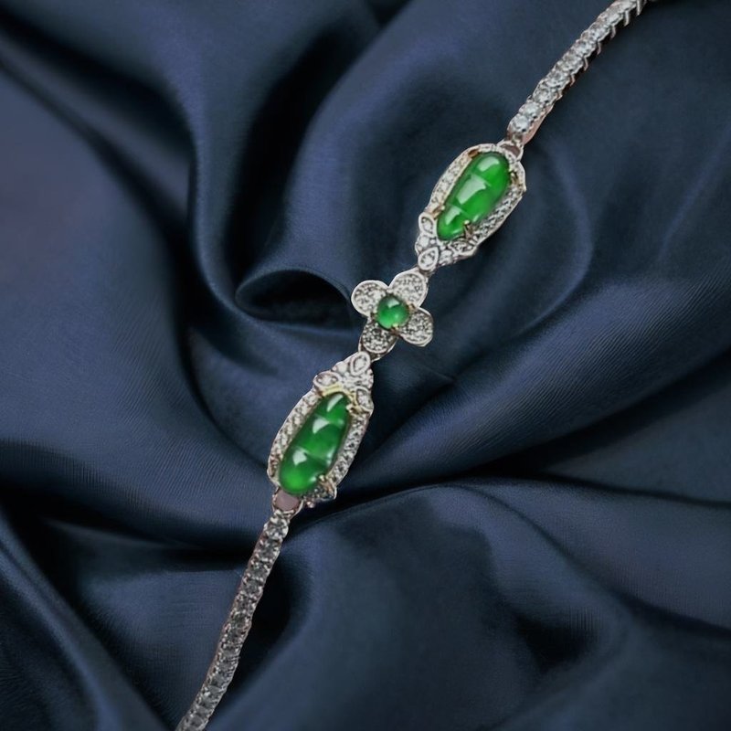 Bingzhong Laokeng Green Jade Fu Bean Bracelet 925 Sterling Silver | Natural Jade A Product | Gift - สร้อยข้อมือ - หยก สีเขียว