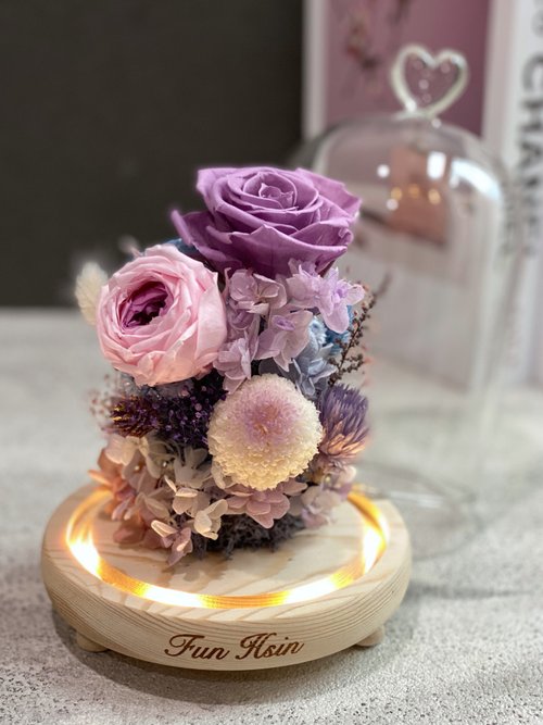 Fun Hsin 凍齡不凋花 夢幻大玻璃鐘罩 不凋花 夜燈 永生花花盅 情人節禮物 生日禮物