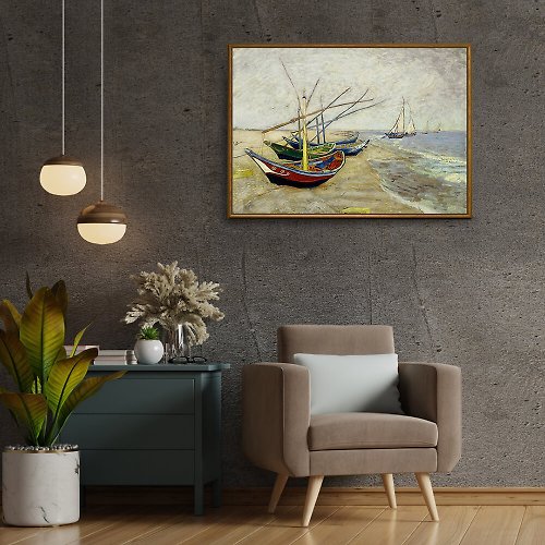 森活小飾Lifedecor 在聖馬迪拉莫海邊的漁船-掛畫-名畫系列 -灰色