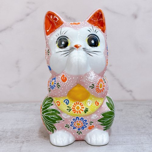 九谷焼　招き猫　黄色　ピンク　2匹　美品 九谷焼 招き猫 黄色 ピンク 2匹 美品