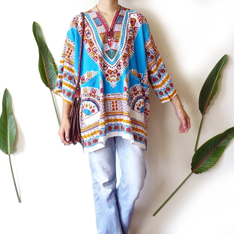 BajuTua / vintage / 90's hippie colorful African traditional light blue shirt Dashiki- - Men's T-Shirts & Tops - Cotton & Hemp Blue