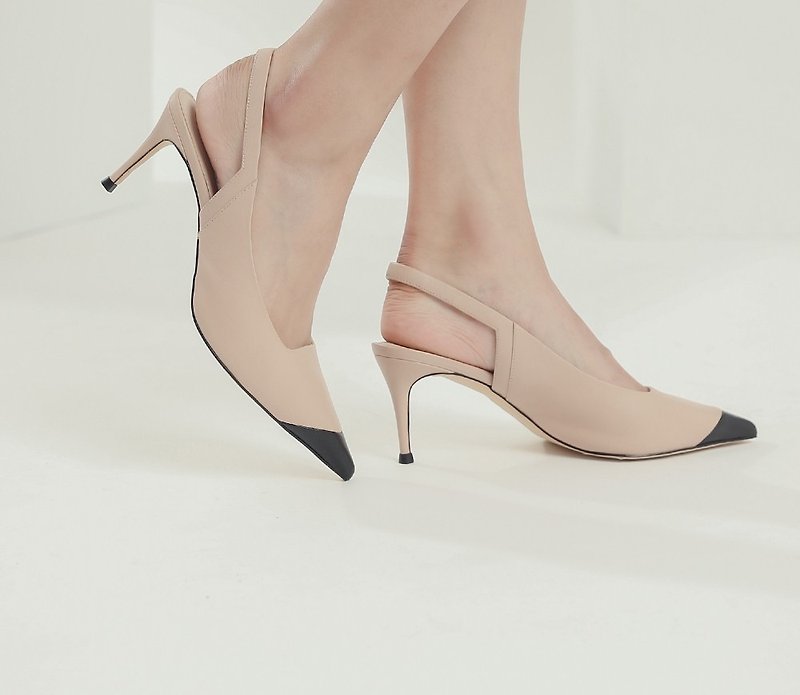 Retro little toe stitching leather high heels naked powder - รองเท้าส้นสูง - หนังแท้ สึชมพู