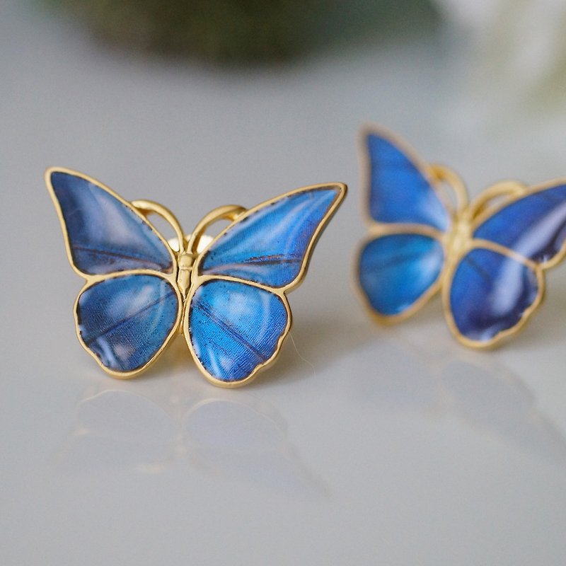 Morpho butterfly antique pin brooch - Brooches - Other Metals Blue