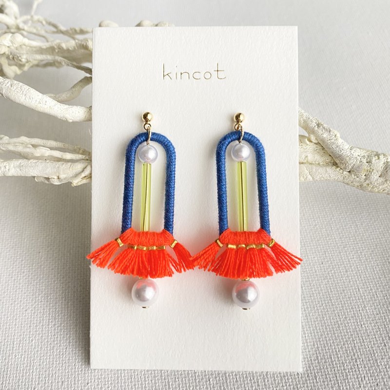 Sabrier earrings Clip-On[navy x orange] - ต่างหู - ผ้าฝ้าย/ผ้าลินิน สีน้ำเงิน