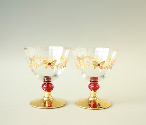 NeA Glass Shot Glasses Sake, Liqueur, Gold Ruby Red, Hand-painted, set of 2