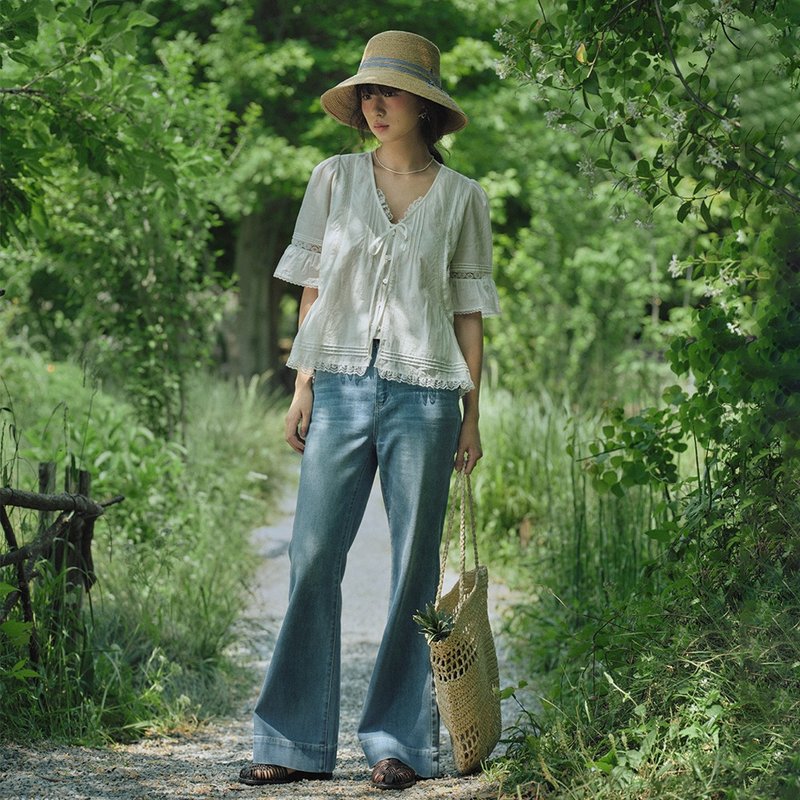 修身微喇牛仔褲|褲子|夏款|Sora-1823 - 女長褲 - 棉．麻 藍色