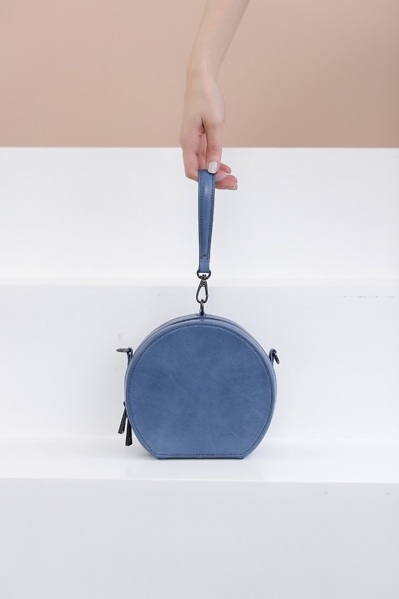 Mini round drum portable shoulder dual-use hard shell leather bag blue - Handbags & Totes - Genuine Leather Blue