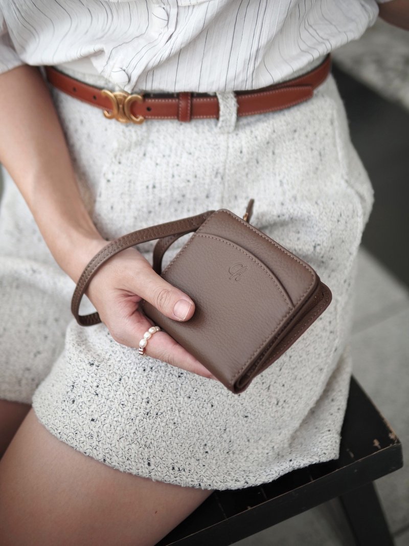 Anna (Clay): Mini / short wallet, cow leather, Bifold Zipper, Brown-grey - Wallets - Genuine Leather Brown