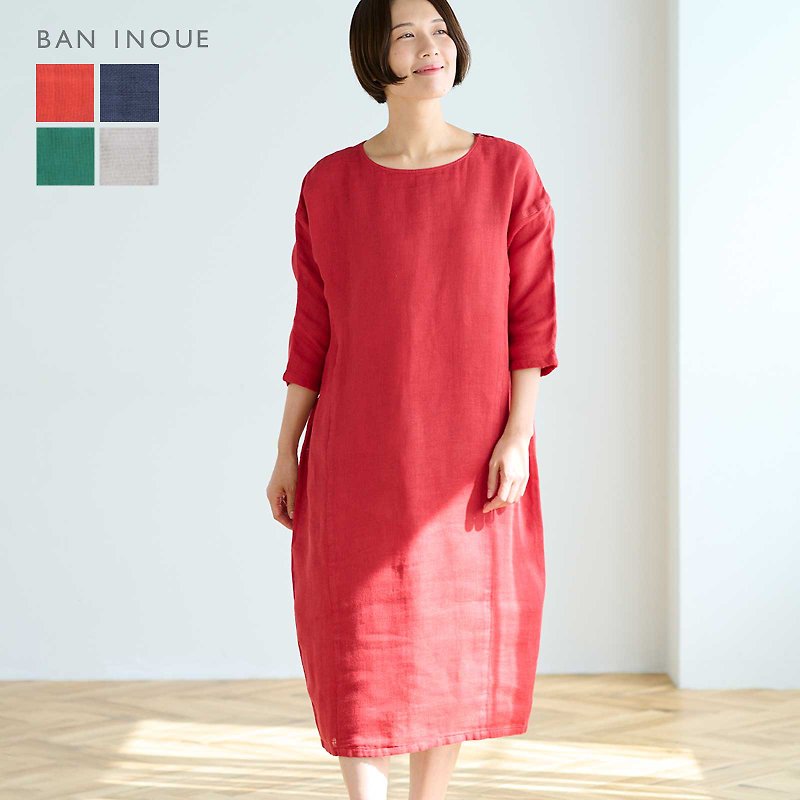 2023 文博會 蝙蝠袖連衣裙　舒適　蚊帳材質　簡約　休閒 - 連身裙 - 棉．麻 紅色