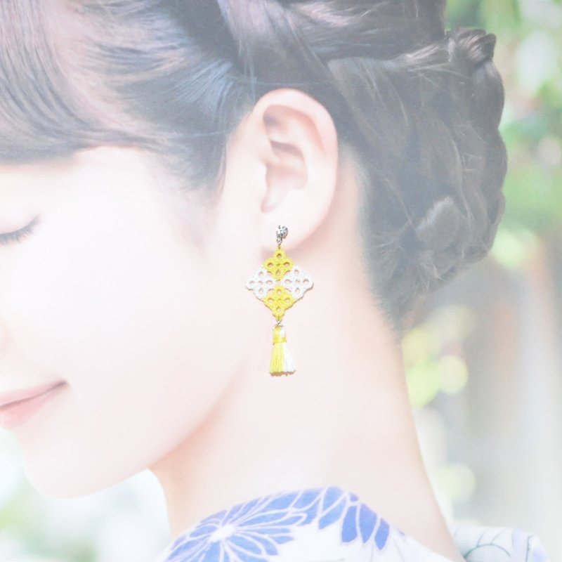 【Made To Order】Mosaic Square Tassel Earrings Tatting – Yellow X White - Earrings & Clip-ons - Thread Yellow