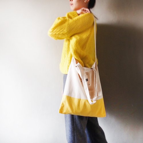 Ma&#x27;pin crisscross LOGO Great yellow satin color dye / short strap length + hand-dyed cotton canvas Tote