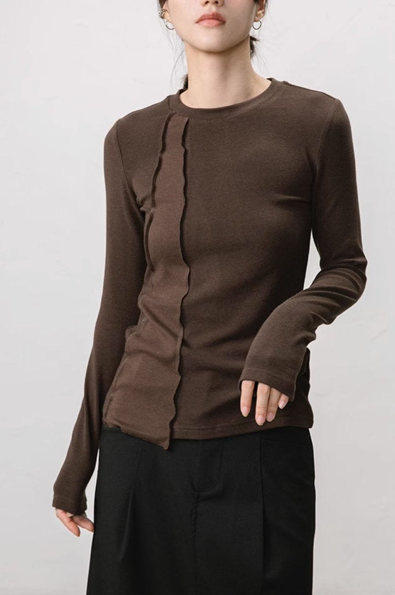 Minimalist but not boring patchwork long-sleeved bottoming shirt - Women's T-Shirts - Cotton & Hemp Brown