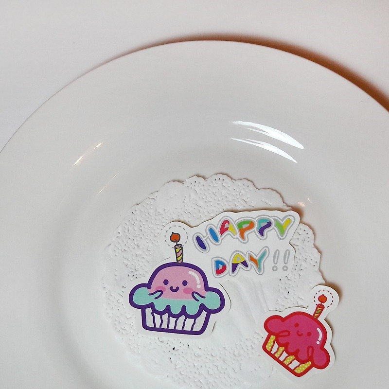 生日快樂 可愛QQ手工貼紙  杯子蛋糕 - 貼紙 - 紙 多色