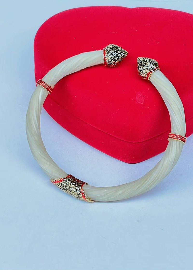 Genuine elephant hair bracelet, white, lotus bud head, silver inlay, gold inlay, Sukhothai enamel, free size - 手鍊/手環 - 其他材質 白色