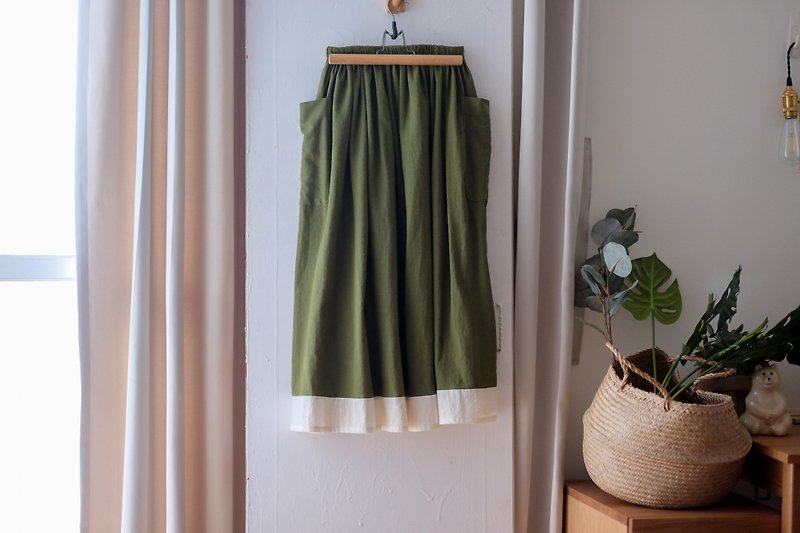 Olive green stitching elastic band dress - เสื้อผู้หญิง - ผ้าฝ้าย/ผ้าลินิน สีน้ำเงิน