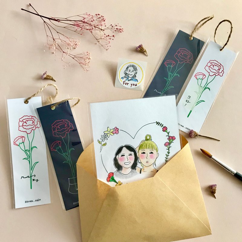 母親節人像畫(愛心邊框) 組合餐 似顏繪/客製貼紙/書籤 - 卡片/明信片 - 紙 