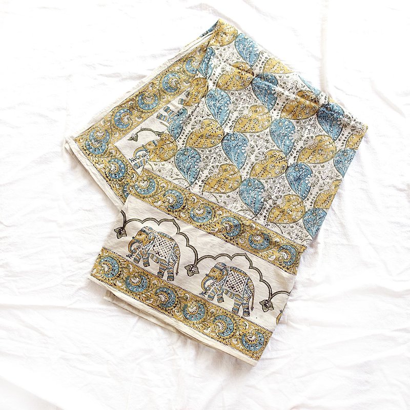 BajuTua / Home / India Kalamkari Handmade Woodcut Cover Dyed-Elephant - ผ้าห่ม - ผ้าฝ้าย/ผ้าลินิน สีกากี