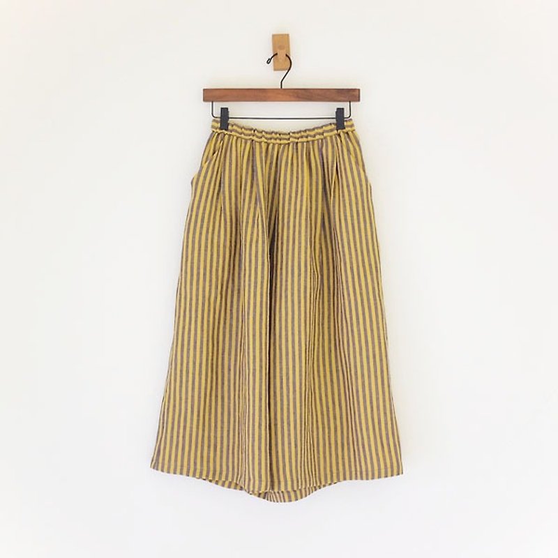 Daily work clothes. Purple yellow striped pleated pants skirt, flax - Women's Pants - Cotton & Hemp Purple