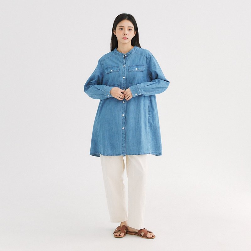 【Simply Yours】Washed Denim Long Top Blue F - One Piece Dresses - Cotton & Hemp Blue