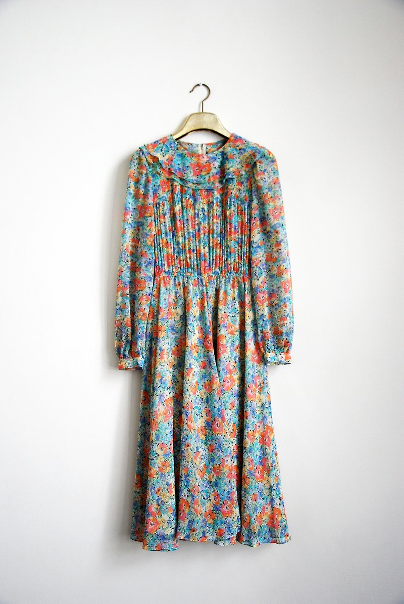Vintage romantic large neck Floral dress - One Piece Dresses - Other Materials 