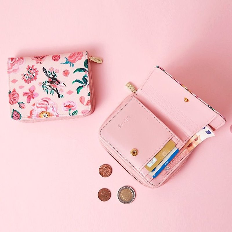 7321Design-Nathalie-Lete painted leather zipper short clip - pink floral, 73D89220 - กระเป๋าสตางค์ - หนังแท้ สึชมพู