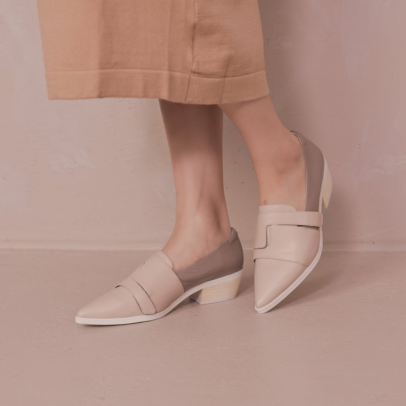 Mondrian Geometry-Devil Sticky Pointed Toe Heels-Apricot - รองเท้าอ็อกฟอร์ดผู้หญิง - หนังแท้ สีกากี