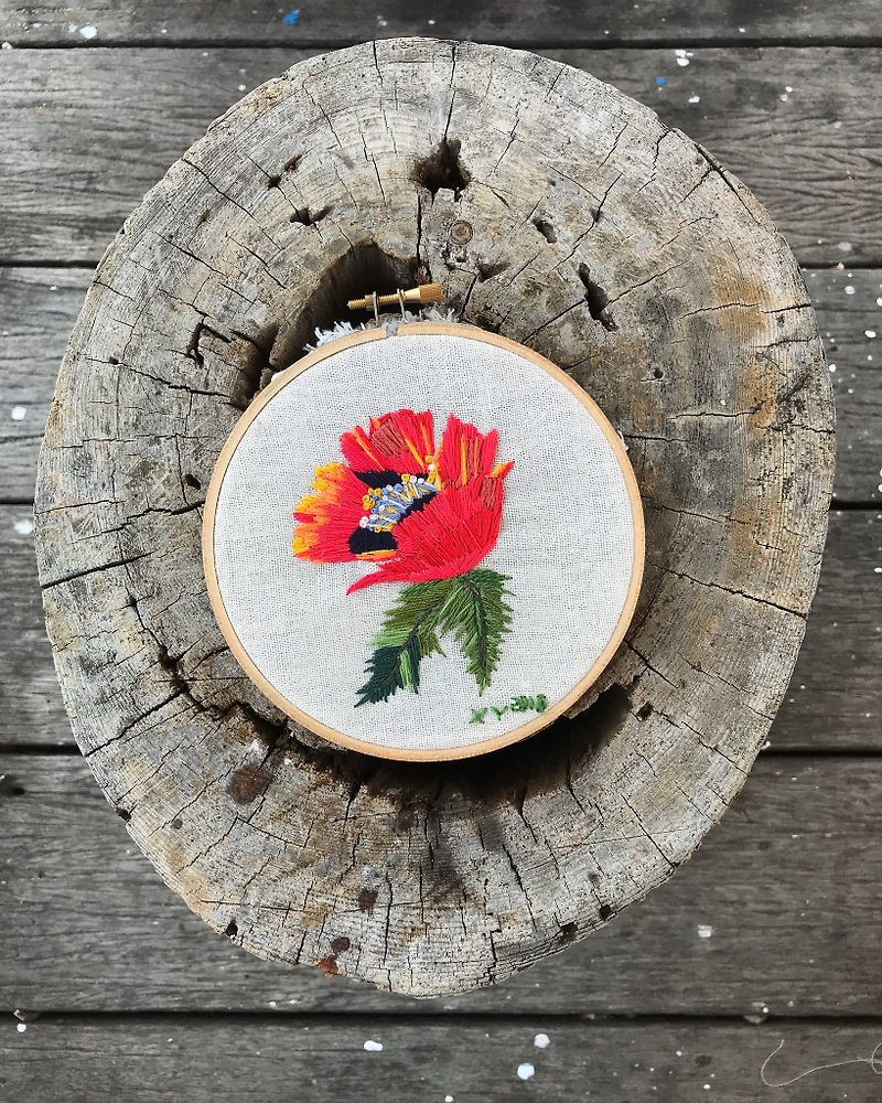 The Poppy Embroidered hoop - Posters - Cotton & Hemp Red
