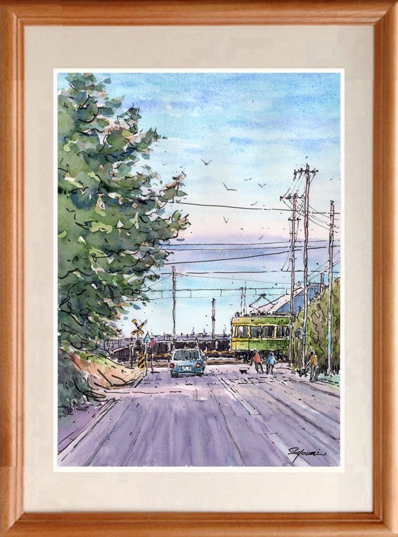 水彩画原画　鎌倉プリンスホテル前踏切と七里ガ浜の海 - ポスター・絵 - 紙 ブルー