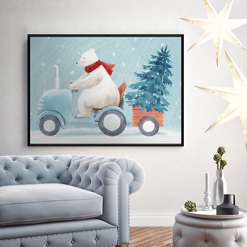菠蘿選畫所 載著聖誕樹的北極熊 - 童趣北極熊聖誕插畫/耶誕佈置/兒童房掛畫