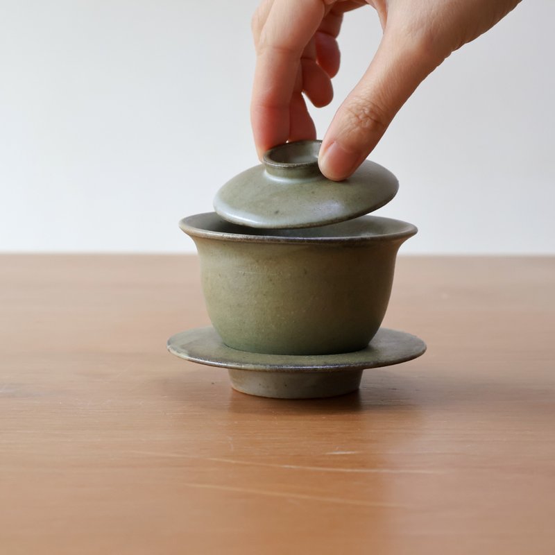 碧玉 柴燒陶三才蓋碗 拉坏 - 茶壺/茶杯/茶具 - 陶 綠色