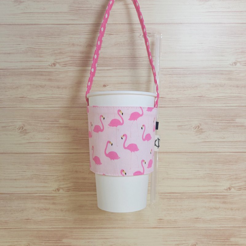 Bao-フラミンゴの緑飲料バッグ - ドリンクホルダー - コットン・麻 ピンク