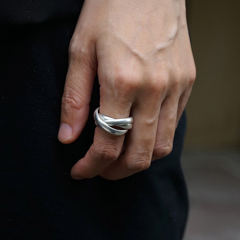 傳承三環足銀戒指 未時手工s999純素銀實心連圈磨砂簡約男女情侶 - 戒指 - 純銀 