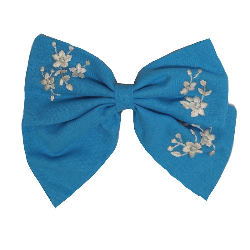Hand-embroidered hair bow, blue, bright, Linen, flower lover design - 髮夾/髮飾 - 繡線 