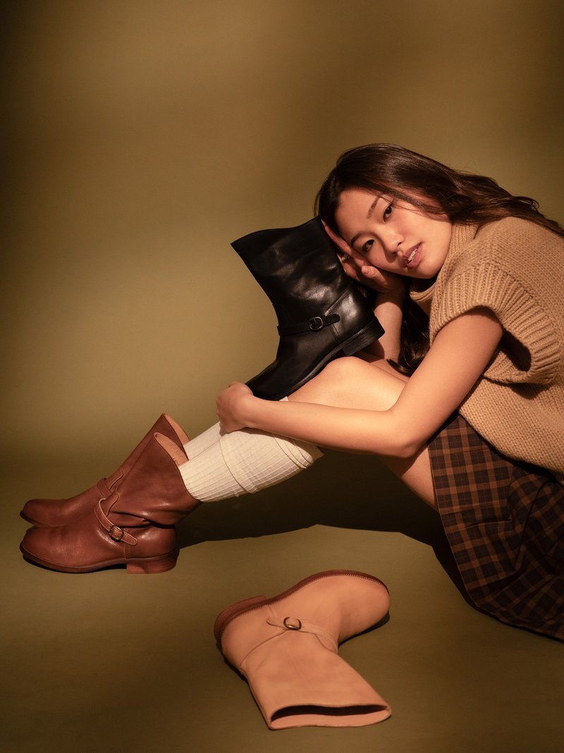 round toe leather boots - รองเท้าหนังผู้หญิง - หนังแท้ สีกากี