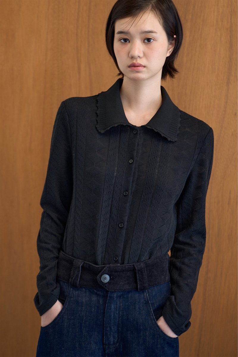 日系復古 黑色方塊鏤空開衫 花邊針織領毛衣 - 女毛衣/針織衫 - 其他材質 黑色