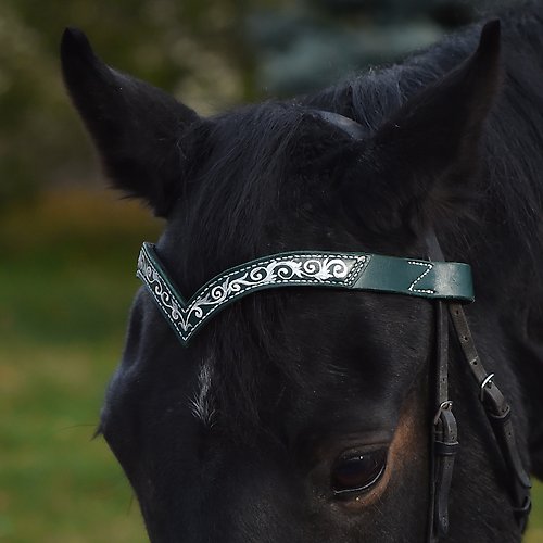 Equestrian Style Studio Green leather browband for horses draft pony. Handmade Brow band with hand-paint