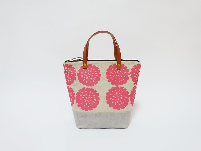 手工絹印 迷你托特包 植物系列 花 - 手提包/手提袋 - 棉．麻 粉紅色